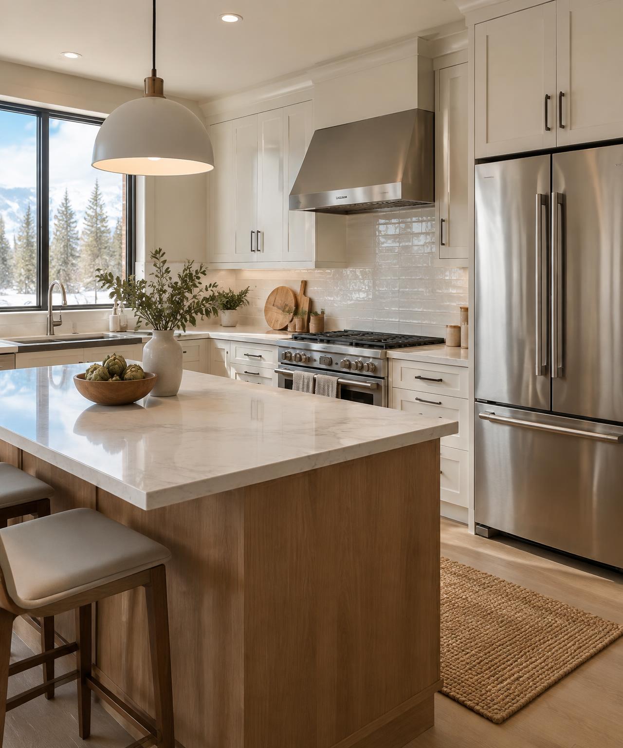 Bright modern kitchen with stainless steel refrigerator and range