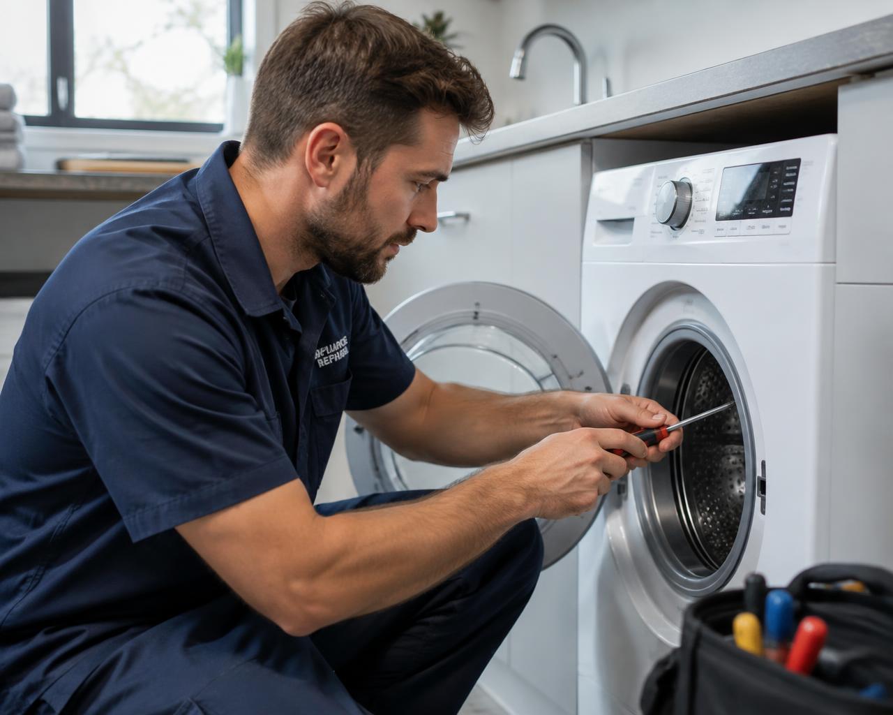 Technician servicing a front-load washing machine