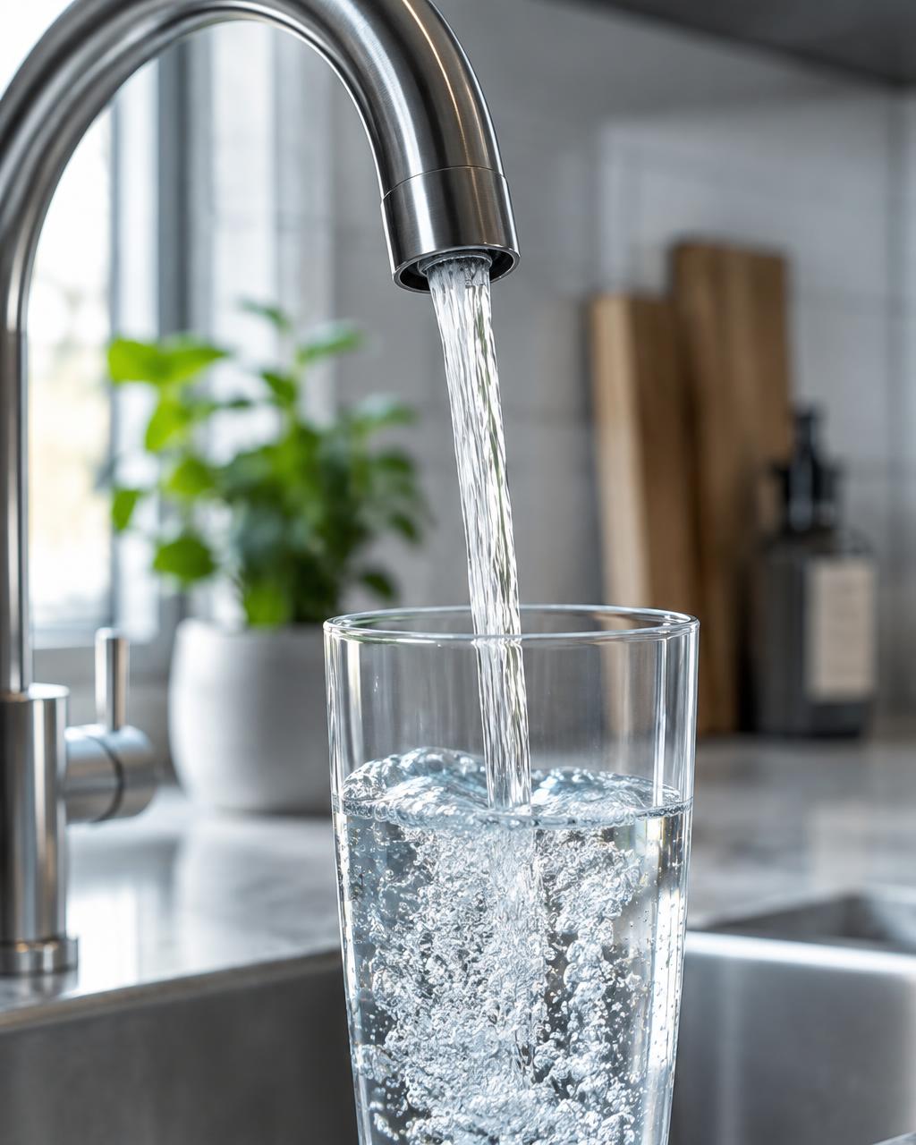 Clean filtered water poured from a kitchen faucet